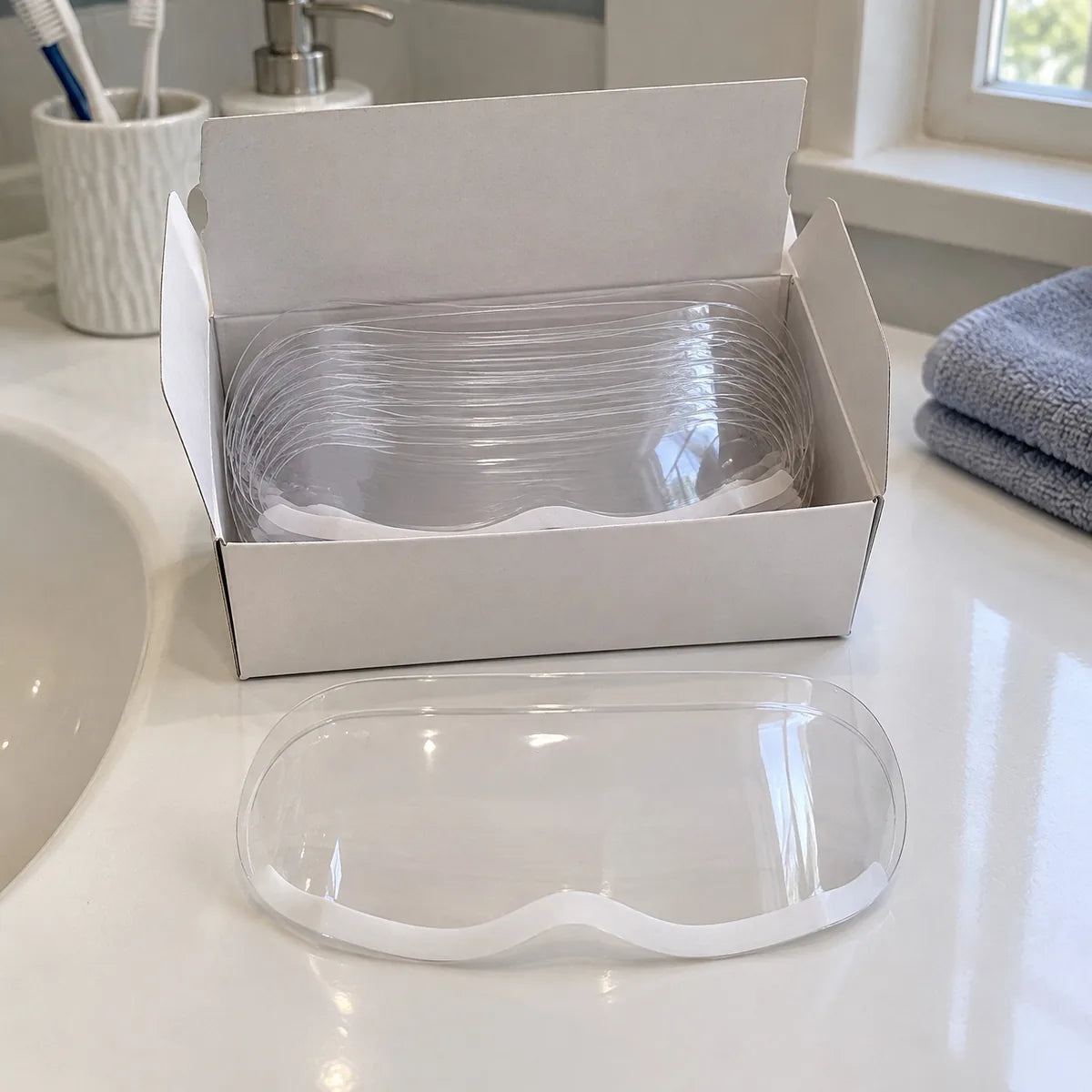 Visière de douche Fivelia, illustration : boîte de 50 visières sur le lavabo